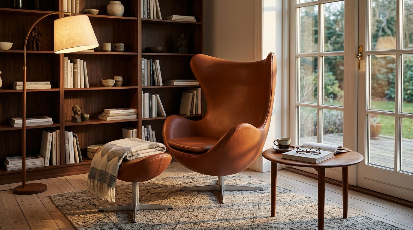 Arne Jacobsen Egg with footstool in cognac leather in a reading corner by a window in afternoon sun