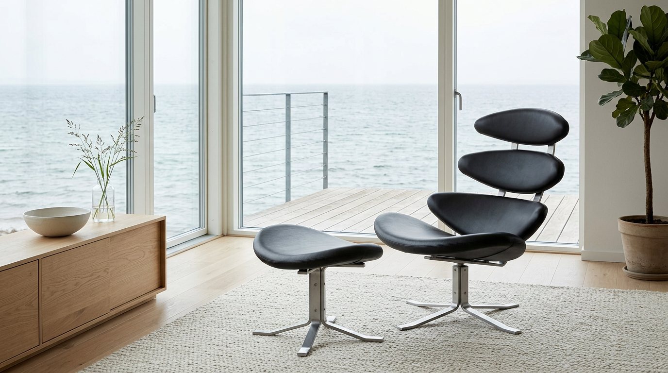 Poul M. Volthers Corona-Sessel mit Hocker in schwarzem Leder in einem hellen Wohnzimmer am Wasser