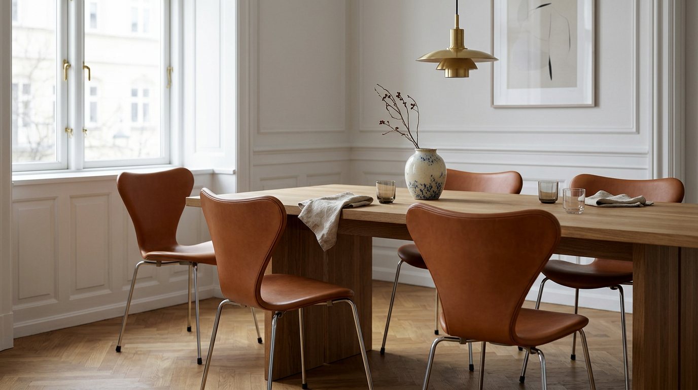 Vier Stühle Serie 7 in cognacfarbenem Leder um einen Eichentisch in einer hellen Kopenhagener Wohnung